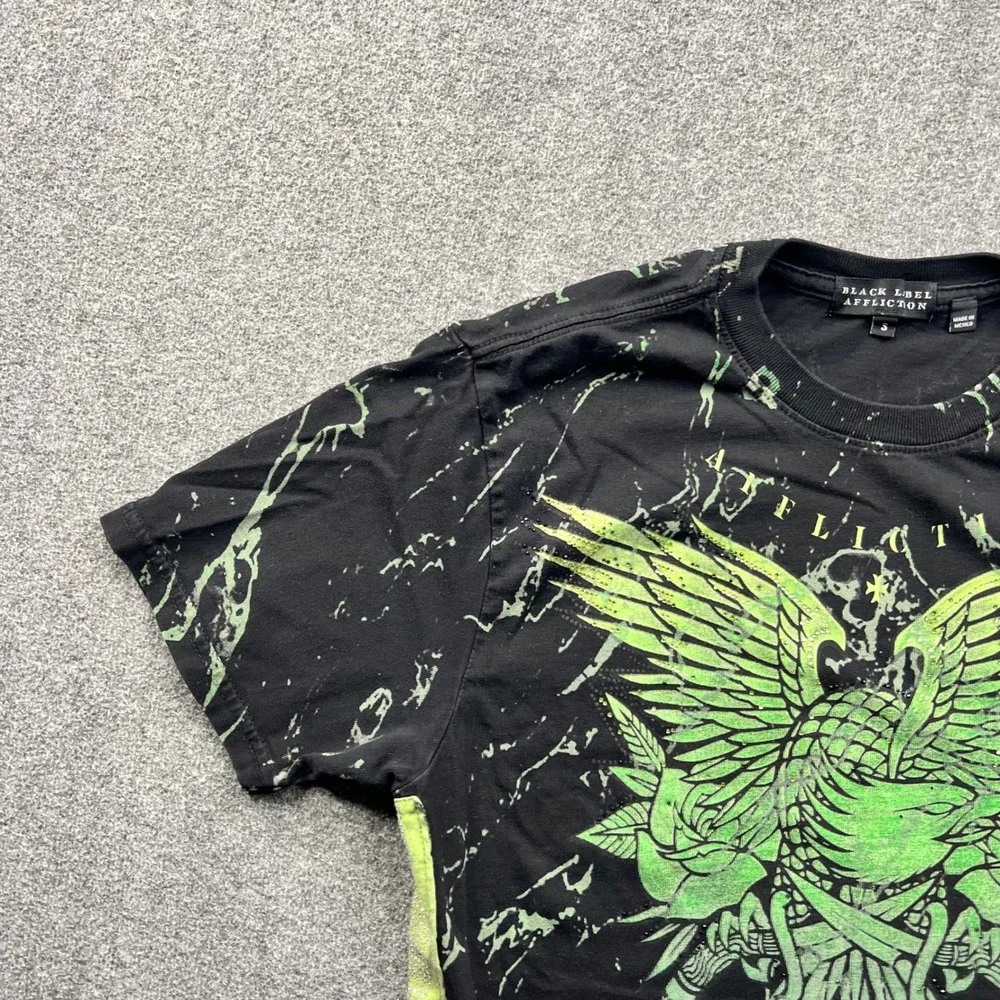 Affliction‎ T Shirt Mens Small Black Green Black Label Marble Winged Graphic Tee